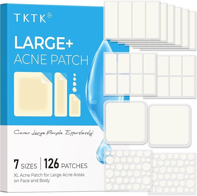TKTK Large Pimple Patches for Face, 7 Sizes XL Acne Patches, Big Hydrocolloid Bandages for Body, Chin, Forehead, Chest, Back Zit Breakouts, Hydrocolloid Patch (Strip, Square, Dot 126 Count) - Product Image
