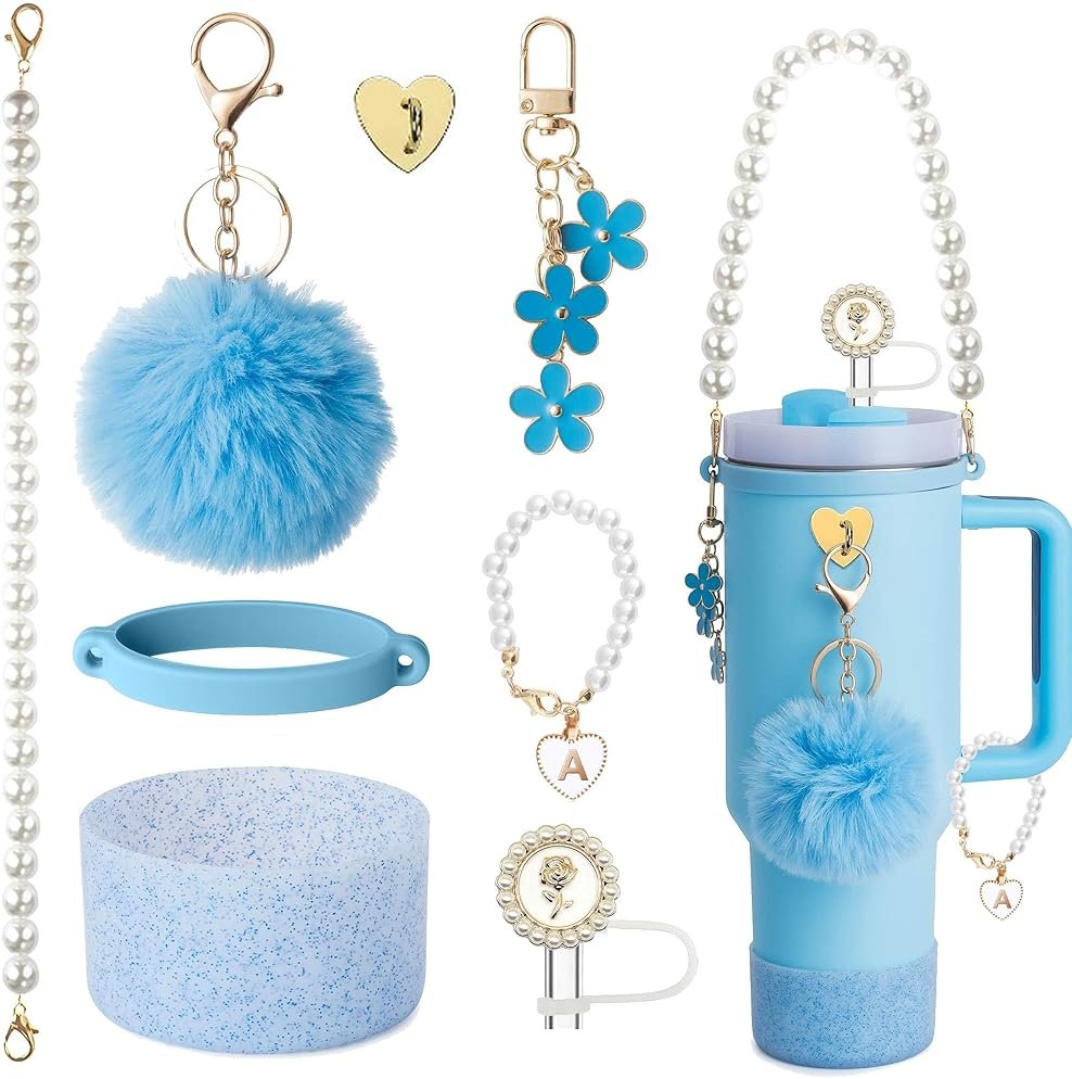 Stanley Cup Accessories Set, Shinning Cup Boot, White Pearl Water Bottle Handle Strap & Pearl Straw Cover, Keychain Charms Tumbler Decorations for Stanley Accessories 30oz 40oz (Blue) - Product Image