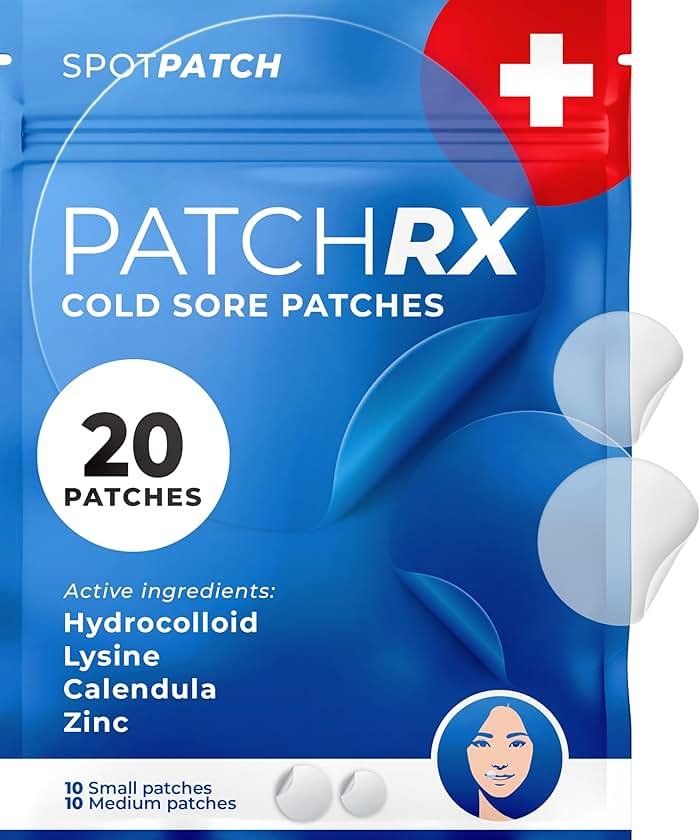 PatchRx Cold Sore Patches for Lips (20 Patches) Lysine, Calendula & Zinc – Hydrocolloid Cold Sore Patch for Lip (Night or Day-time Remedy), Fever Blister Patches - Product Image