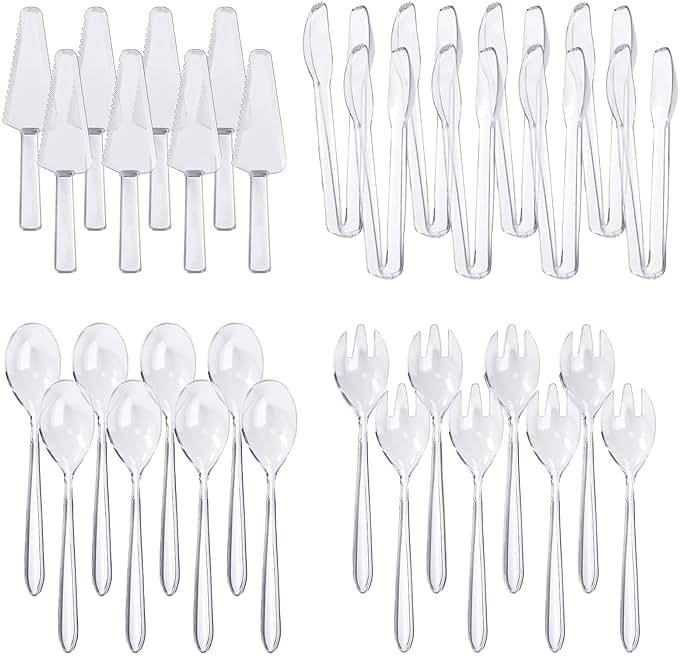 TANEMUDO 32 Pcs Disposable Plastic Serving Utensils Set with 8 Pcs 9.7" Spoons Forks, 8 Pcs 9.5" Knives, and 8 Pcs 6.3" Tongs for Serving Food, Cake, Birthday Party, Buffet, and Cutlery (Clear) - Product Image