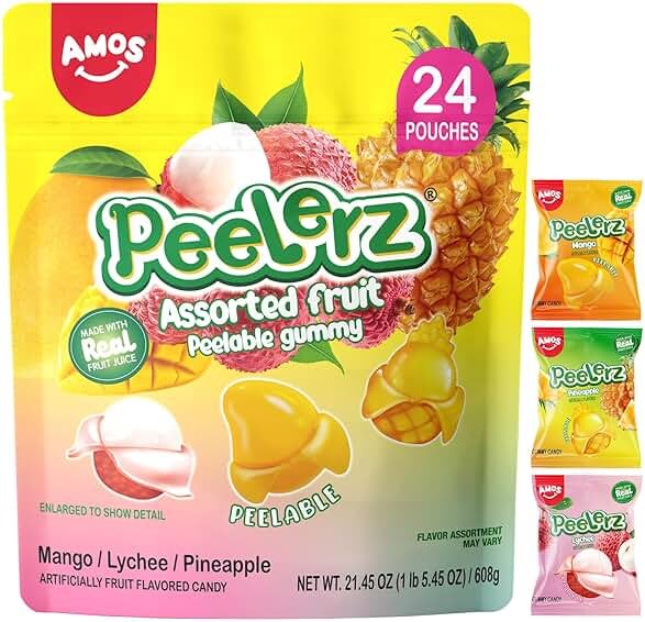 Amos Peelerz Assorted Peelable Gummy Variety Pack – Mango, Lychee & Pineapple | 24 Individually Wrapped Packs (608g) | Fun, Chewy, Shareable Treat - Product Image