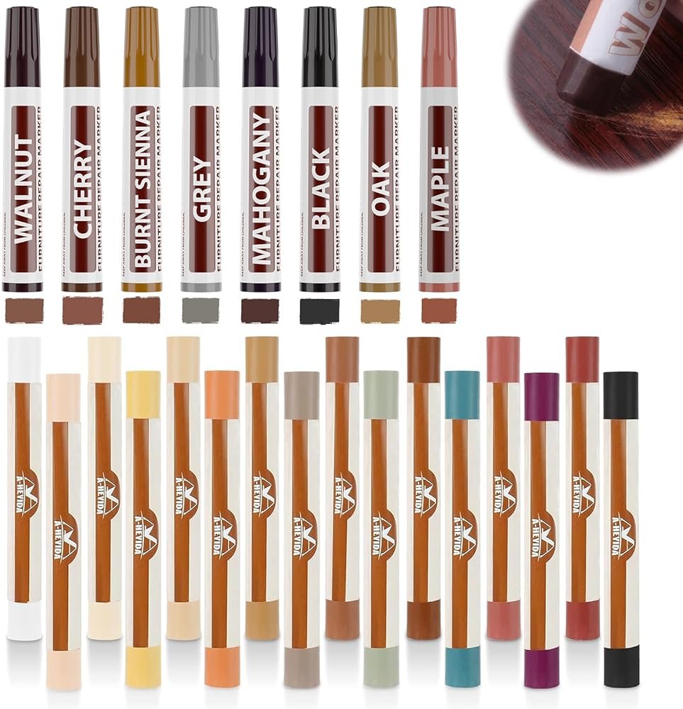 A-HEYIDA Wood Filler Putty Sticks -16 Colors Wax Crayons & 8 Furniture Marker Touch-Up Pens for Wood Floors & Cabinet Scratches, Cracks and Nail Holes - Laminate Floor Repair Kit - Product Image
