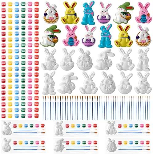 Foilswirl 24 Set Easter Bunny DIY Painting Kit Ceramic to Paint Your Own Bunny Statues Unpainted Plaster Figurines with Brushes Acrylic Bags Arts and Crafts Kits Party Favor for Adults - Product Image
