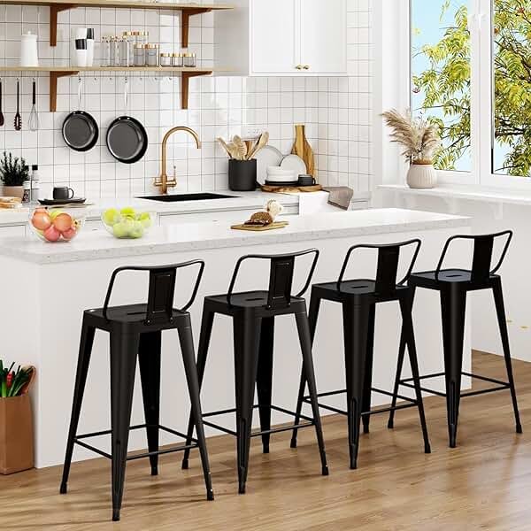 Arlunar home Metal Bar Stools Set of 4 Barstools Indoor/Outdoor Counter Height Bar Stools Bar Chairs with Back 24" Counter Height for Kitchen Island Dining Room (Black, 24inch) - Product Image