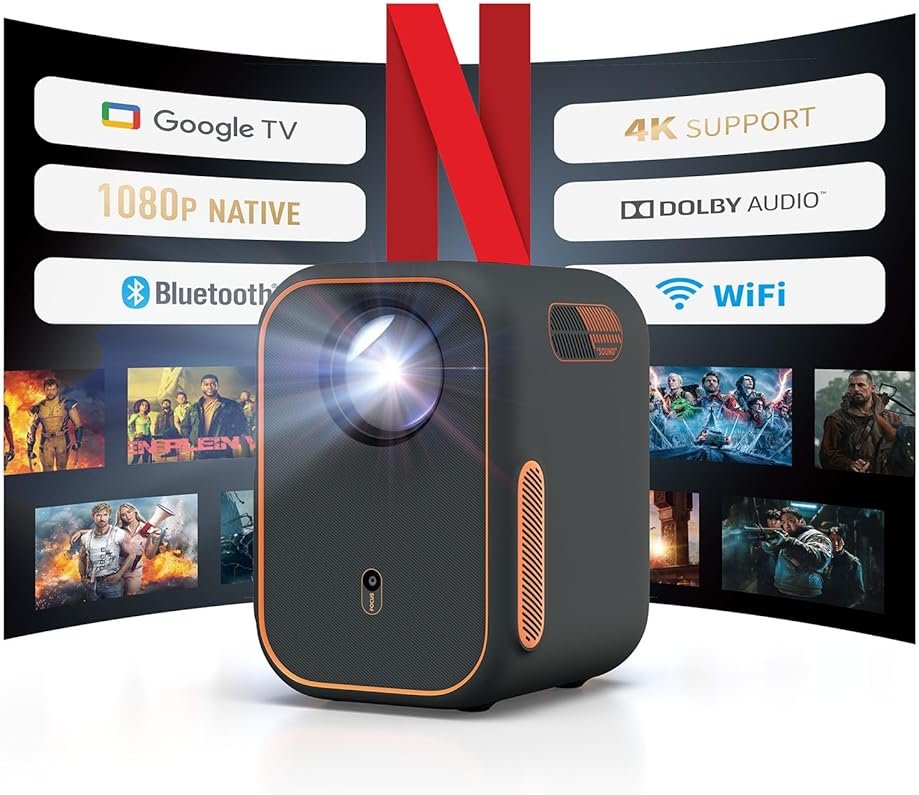 WEMAX Google TV Projector, Netflix Officially Licensed 4K Support, Mini Projector with Wifi and Bluetooth, Smart Movie Projector for Home Theater, 1080P Full HD, MAX 120" Display, Dolby Audio - Product Image
