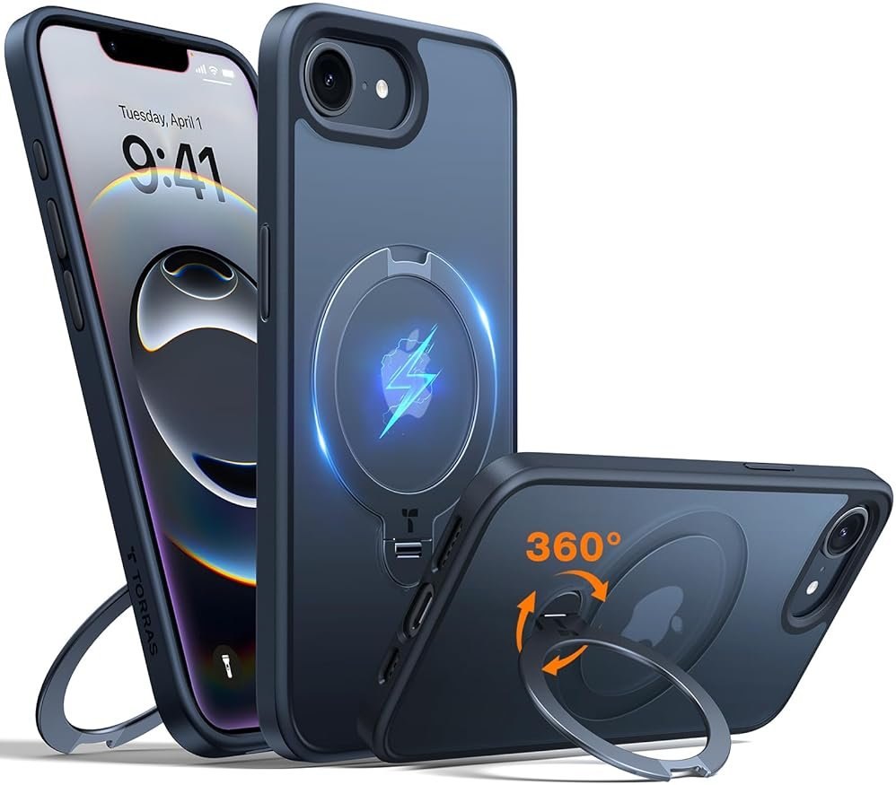 TORRAS 360 Spin for iPhone 17e Case & iPhone 16e case with Stand, Fit for MagSafe, 4X Military-Grade Protective, Stand Phone Case for iPhone 17e Case, Ring Holder Slim Cover, Matte Black 6.1'' - Product Image