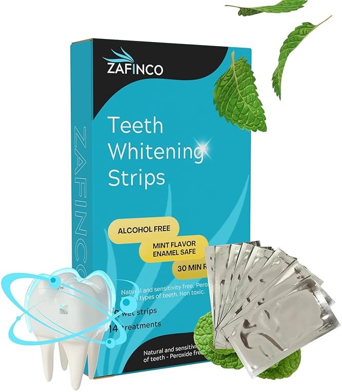 ZAFINCO Teeth Whitening Strips for a Brighter Smile - 28 Mint Flavored Sensitive Teeth Whitening Strips, Dentist Recommended,-Non Toxic, Peroxide Free & Enamel Safe - 14 Treatments, Made in USA - Product Image