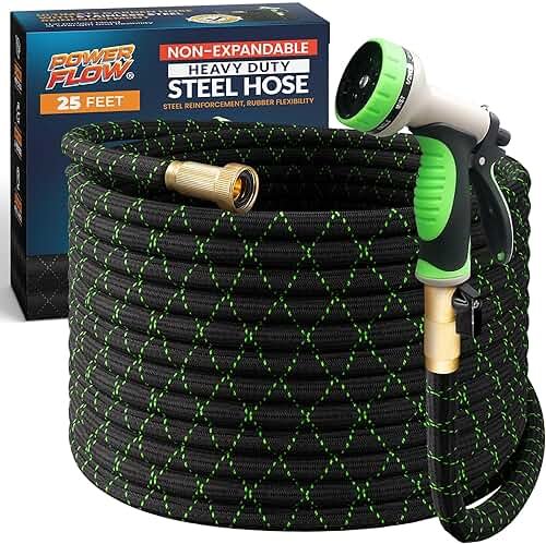 PowerFlow Garden Hose, NON-EXPANDABLE 25 Feet Premium Quality Stainless Steel Metal Water Hose with Durable Fabric Skin, Hose For Commercial, Residential Use, Bonus 10-way Spray Nozzle (25 Ft, Black) - Product Image