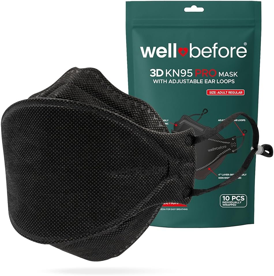 Well Before 3D PRO KN95 Face Masks, 5-Ply, Adjustable Ear Loops, Foam Nose Seal, Breathable Anti-Fog Fit - Product Image