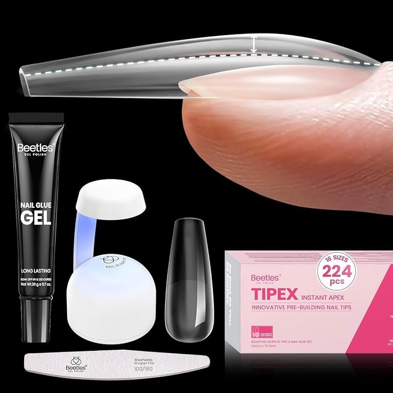 Beetles Tipex Instant Apex Nail Tips Kit, Long Coffin, 224PCS 16 Sizes 00-14, No Builder Gel Needed, 20g Solid Nail Glue, Mini UV Lamp - Product Image