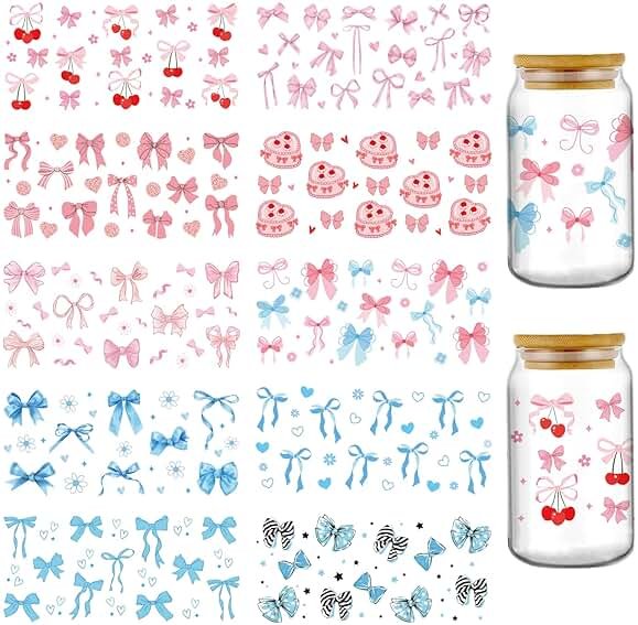 Bows UV DTF Cup Wraps - 10 Sheets Pink Coquettte Bow Uvdtf Tumbler Wrap for 16 oz Glass, Cute Butterfly Cherry Waterproof Transfer Sticker DIY Water Bottle Craft Decor Holiday Gifts for Girlfriend - Product Image