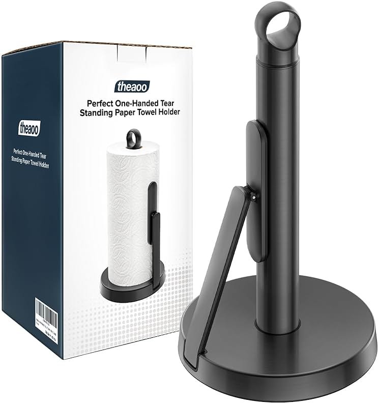 theaoo Heavy-Duty Stainless Steel Paper Towel Holder with Tension Arm – Easy One-Handed Tear, Modern Standing Countertop Dispenser for Kitchen, Holds All Paper Towel Rolls (1, Black) - Product Image