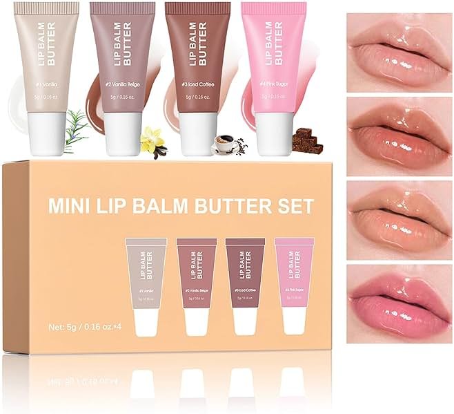 4Pcs Hydrating Lip Gloss Set, Mini Lip Balm Pack, High Shine Glass Finish Lip Moisturizing Plumping Lip Gloss Shiny Jelly Liquid Lipstick for Women - Product Image