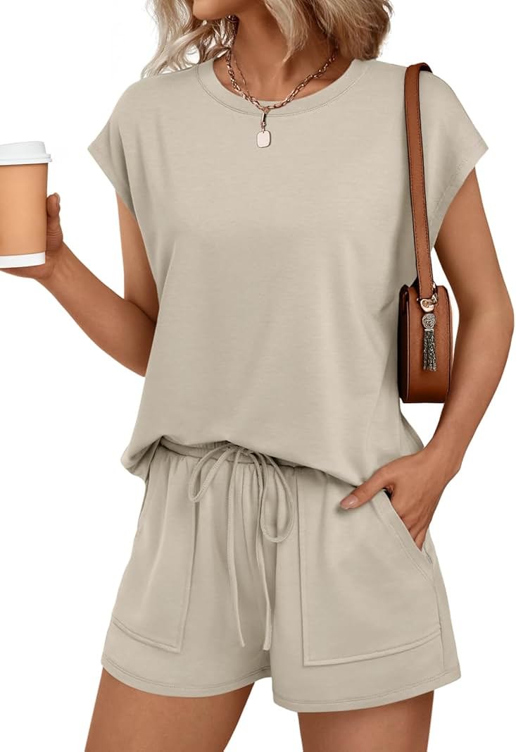 AUTOMET Womens Crew Neck Two Piece Short Sets Cap Sleeve Drawstring Summer Sweatsuit with Pocket - Product Image