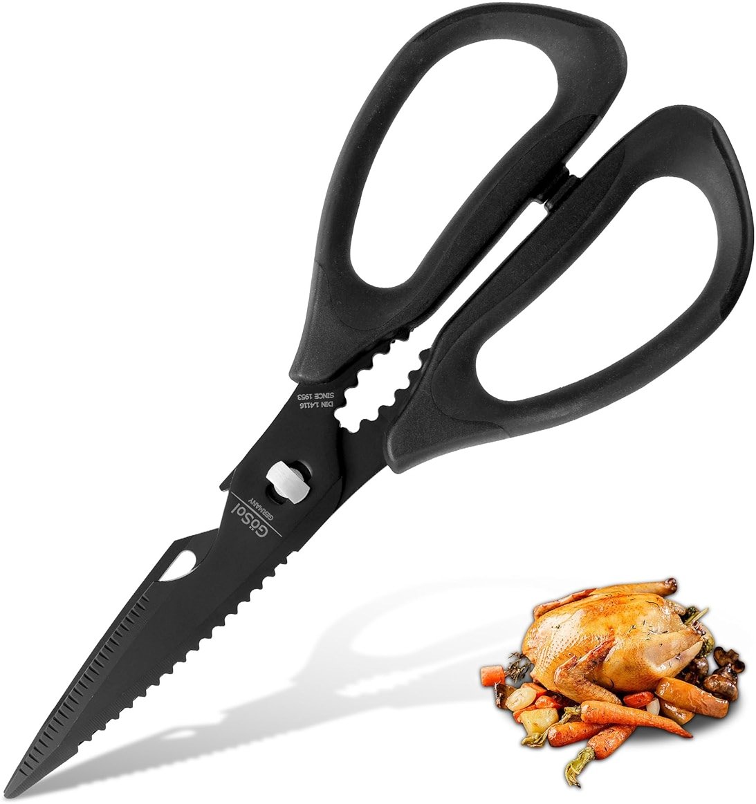 Kitchen Shears Kitchen Scissors Come Apart Kitch Scissor for Food Heavy Duty Chicken Bone Nutcracker Bottle Can Opener Shears with Serrated Blade Premium Black Titanium Plated Stainless Steel 01A - Product Image