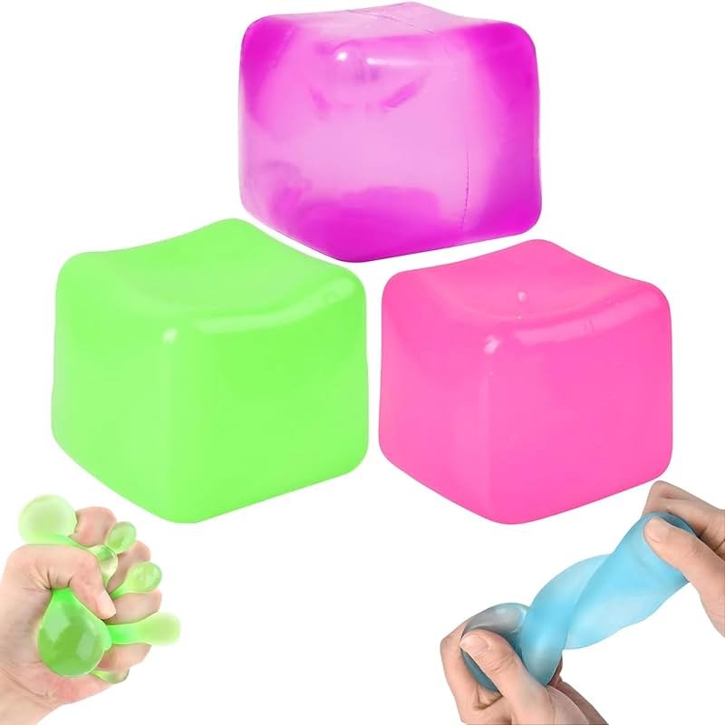 3Pcs Stress Cube Squishy Toys, Slow Rising Ice Cube Stress Balls, Sensory Fidget Toys for Anxiety Relief, Sensory Ice Cube Gel Filled Squishy Ball Toys for ADD/ADHD Kids Adults(Purple,Green,Pink) - Product Image
