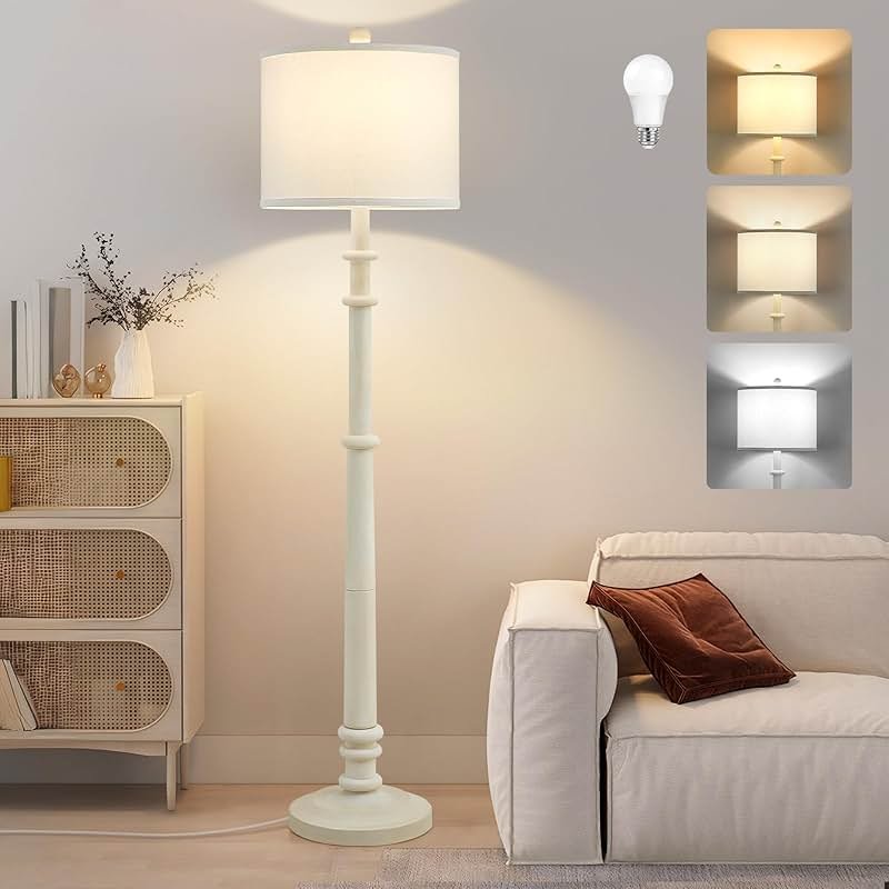 Floor Lamps for Living Room - 60" Resin Farmhouse Floor Lamp with Adjustable Color Temperatures - Vintage Standing Lamp Reading Light with Linen Shade Retro Tall Lamp for Bedroom Office, Almond White - Product Image