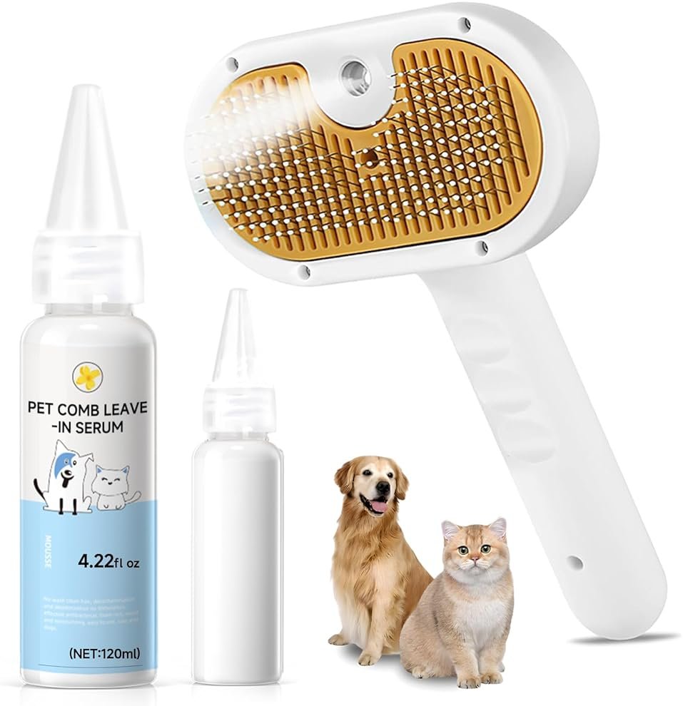 Pet Steam Brush for Dog & Cat – 3-in-1 Spray Hair Removal Comb for Shedding & Grooming, Softens Fur & Reduces Static – Water Brush for Long & Short Coats, Bath-Hating Pets, Includes Waterless Shampoo - Product Image