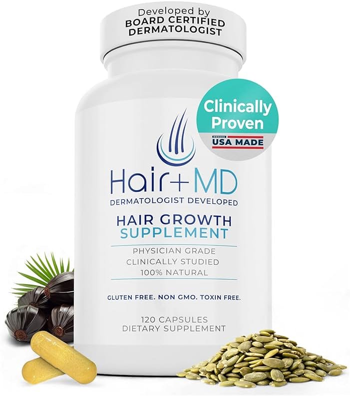 Hair Plus MD Hair Growth Supplement, 120 Capsules – Supports Hair Growth & Density – Dermatologist-Developed with Collagen & Vitamins – Gluten-Free, Toxin-Free, Non-GMO – 1 Month Supply - Product Image