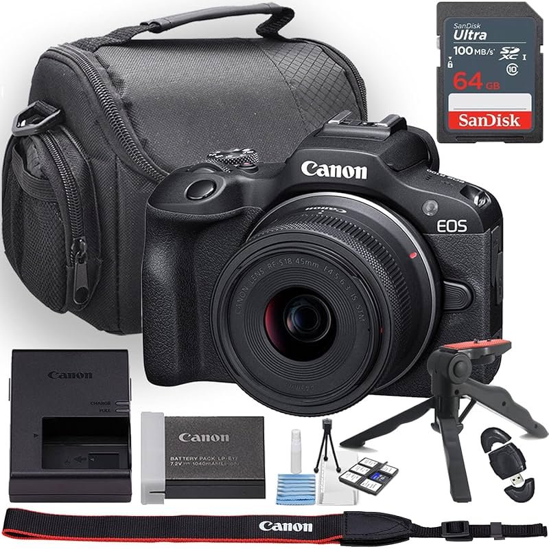 Canon EOS R100 Mirrorless Camera w/Canon RF-S 18-45mm f/4.5-6.3 is STM Lens + Camera Case + 64GB Memory + Deluxe Starter Kit + Hand Grip Stabilizer Tripod + More (14pc Bundle) (Renewed) - Product Image