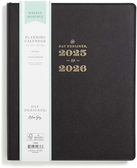 Blue Sky Day Designer 2025-2026 Weekly and Monthly Academic Year Planner Calendar, July 2025 - June 2026, 8" x 10", Faux Leather Cover, Bookbound, Black - Product Image