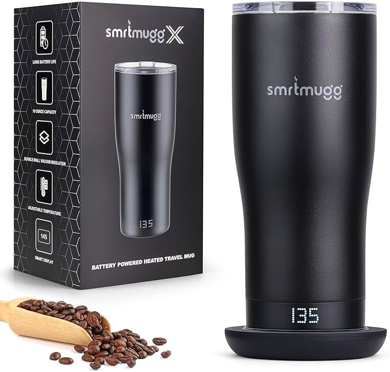 SmrtMugg X Heated Coffee Mug 19 oz., 8 Hour Battery Life, Self-Heating, Adjustable Temp Controlled, LCD Screen, One Button Temperature Adjustment, Includes Cover with Magnetic Slider (Black) (Black) - Product Image