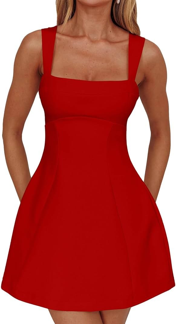 DAAWENXI Women's Casual Square Neck Sleeveless Tank Top Flare Mini Dress A Line Party Club Dresses - Product Image