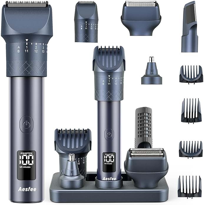 Beard Trimmer for Men, Professional 5-in-1 Hair Clippers with 20 Precision Dial Lengths, Electric Razors for Men IPX7 Waterproof Wet/Dry, USB-C Rechargeable Shaving Set with Dock for Face, Body, Nose - Product Image