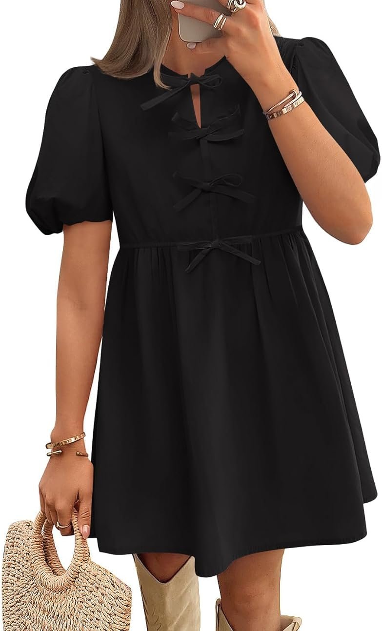 ZESICA Women's Summer Short Sleeve Tie Front Mini Dress Babydoll Ruffle Pleated A Line Vacation Graduation Short Dresses - Product Image