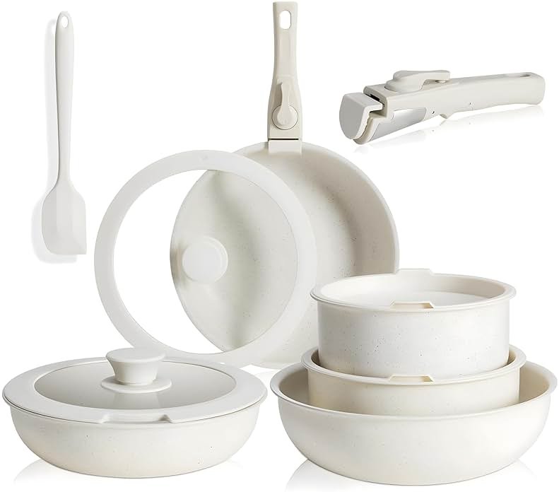 Simple Deluxe 12Pcs Pots and Pans Set, Nonstick Cookware Sets, White Granite Induction Cookware with Detachable Handle, Oven Safe, PFAS and PFOA Free, Beige - Product Image