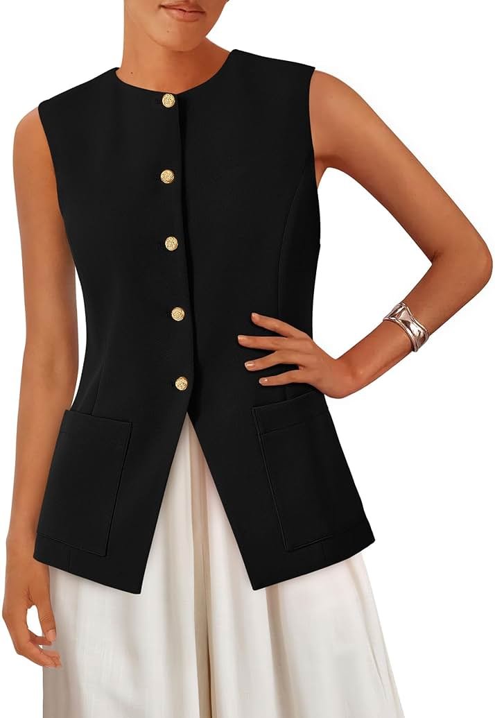 PRETTYGARDEN Blazer Vest Tops for Women Sleeveless Button Down Business Casual Outfits Work Suit Vests Waistcoat - Product Image