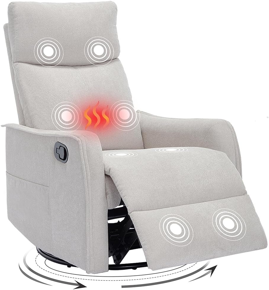 Trustyue Swivel Rocker Recliner Chair, 360° Swivel Recliner with Heat and Massage, Rocker Recliner Nursery Glider Chair with Side Pockets for Living Room (Beige, Fabric) - Product Image