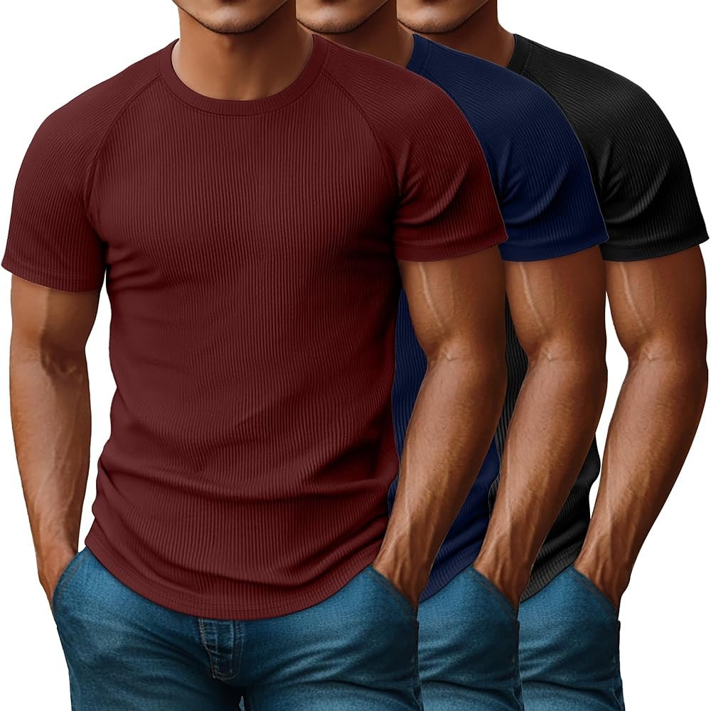 Riyiper 3 Pack Men's Muscle T Shirt Casual Short Sleeve Tops Ribbed Crewneck Slim Fit Workout Gym Curve Hem Basic Tee Shirts - Product Image