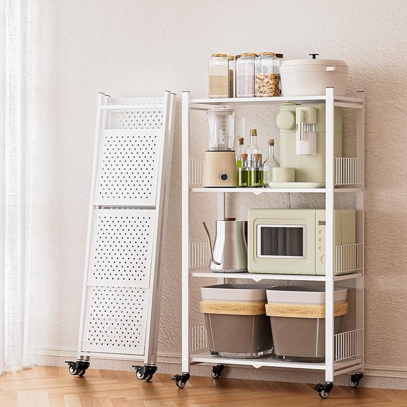 KWRRI Folding Storage Shelves No Assembly, 4 Tier Foldable Storage Shelves with Wheels, Rolling Collapsible Rack for Pantry Laundry Room Kitchen, White - Product Image