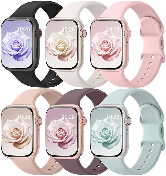 6 Pack Sport Bands Compatible with Apple Watch Bands 38mm 40mm 41mm 42mm 44mm 45mm 46mm 49mm for Women Men, Soft Wristband Silicone Sport Strap for iWatch Bands Series 11 10 9 8 7 6 5 4 3 2 1 Ultra SE - Product Image
