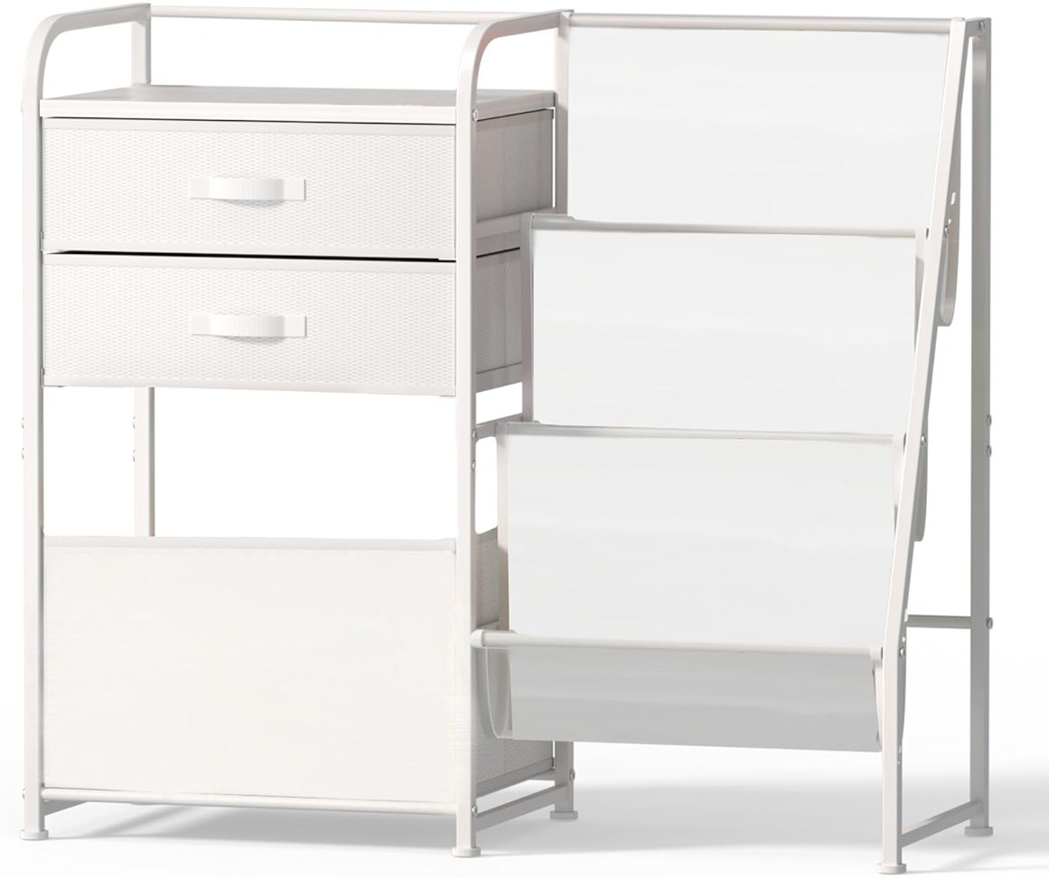 BBLIKE Bookshelf and Storage Organizer - 3 Tier Book Shelf with Movable Box for Rooms, Ideal Bookcase and Organizer with 2 Drawers for Bedroom, White - Product Image