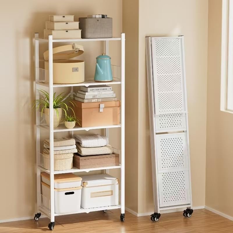 KWRRI Folding Shelves No Assembly, 5 Tier Foldable Storage Shelves with Wheels, 220LBS Per Shelf Metal Collapsible Rack for Pantry Storage & Home Organization, White - Product Image