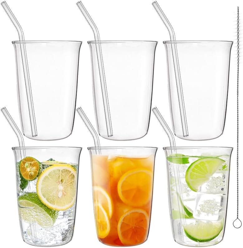 Nagpew Drinking Glasses with Straws, 6 Piece, 16 Oz, Lead-free | Clear Water Glass Set, Highball Glass Cup Kitchen Glassware for Juice, Beverage, Cocktail, Ice Tea, Coffee, Soda - Product Image