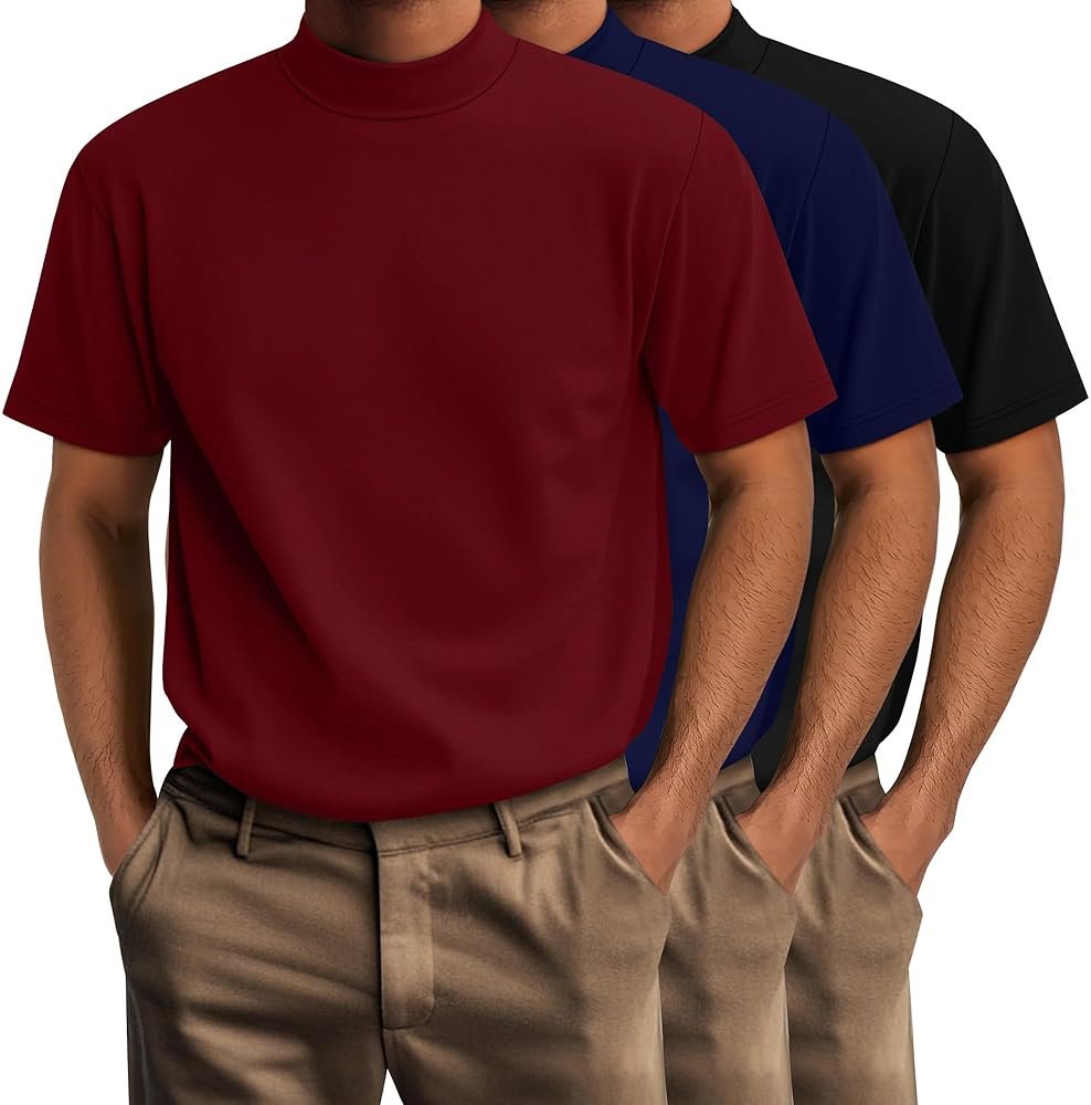 Riyiper 3 Pack Big and Tall Men's Mock Turtleneck Shirt Short Sleeve Cotton Basic Tops Slim Fit Casual Undershirt Tops - Product Image