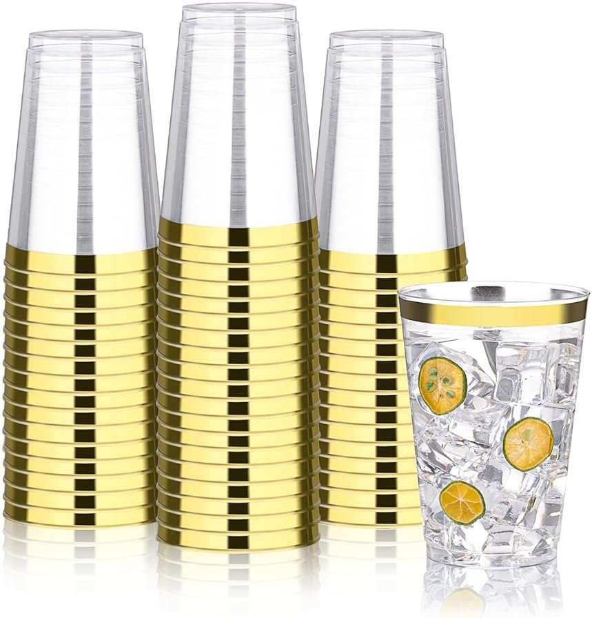 BESTVIP 12oz Gold Plastic Cups, 100 Pack Gold Rimmed Disposable Cups, Heavy-duty Party Cocktail Glasses, Plastic Cups for Party, Holiday, Christmas, Wedding and Birthday - Product Image