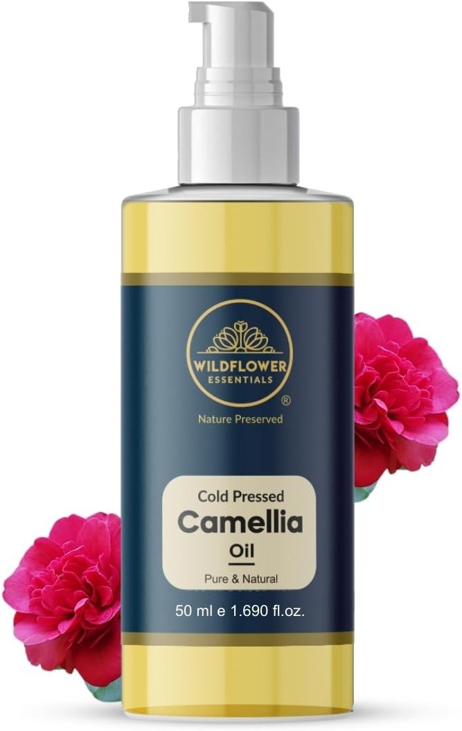 WILDFLOWER ESSENTIALS Camellia Oil (Camellia kissi) 100% Natural Cold Pressed Carrier Oil For Face, Hair, Skin, Body | with Dispensing Pump 1.69 Fl Oz (50ml) - Product Image