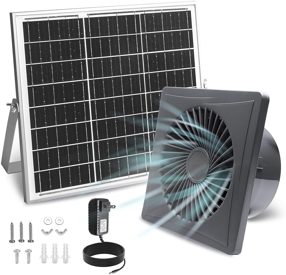 Solar Exhaust Fan, 25W Solar Panel + 8" Ventilation Vent Fan, with Power Adapter, Anti-backflow Valve, High Speed Solar Powered Exhaust Fan with Bracket for Shed, Chicken Coop, Greenhouse, Dog House - Product Image