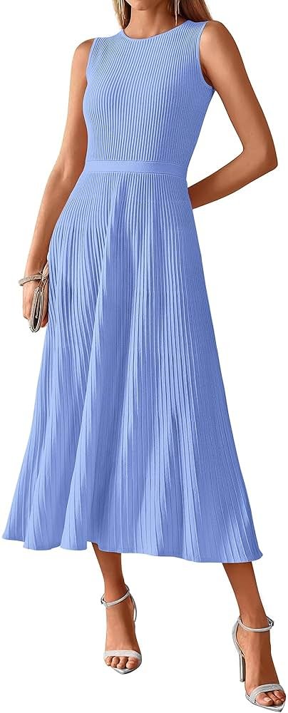 BTFBM Women Tank Midi Dress Summer Crewneck Sleeveless Pleated A Line Business Casual Formal Sweater Spring Dresses 2026 - Product Image