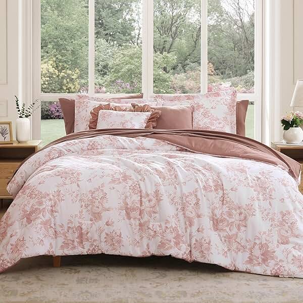 BLOOMHAVEN Queen Comforter Set -7 Pieces Pink Floral Comforter Set for All Seasons, Bed in a Bag Queen with Botanical Flowers Comforter, Sheets, Pillowcases & Shams - Product Image