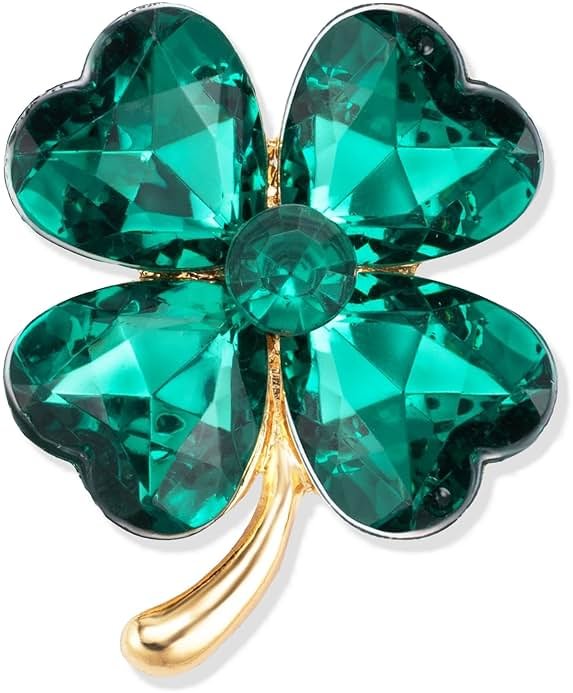 XGALBLA St. Patrick's Day Good Luck Charm Green Four Leaf Clover Brooch Pins Rhinestone Crystal Valentines Flower Lapel Brooches for Women Fashion Jewelry Gift - Product Image