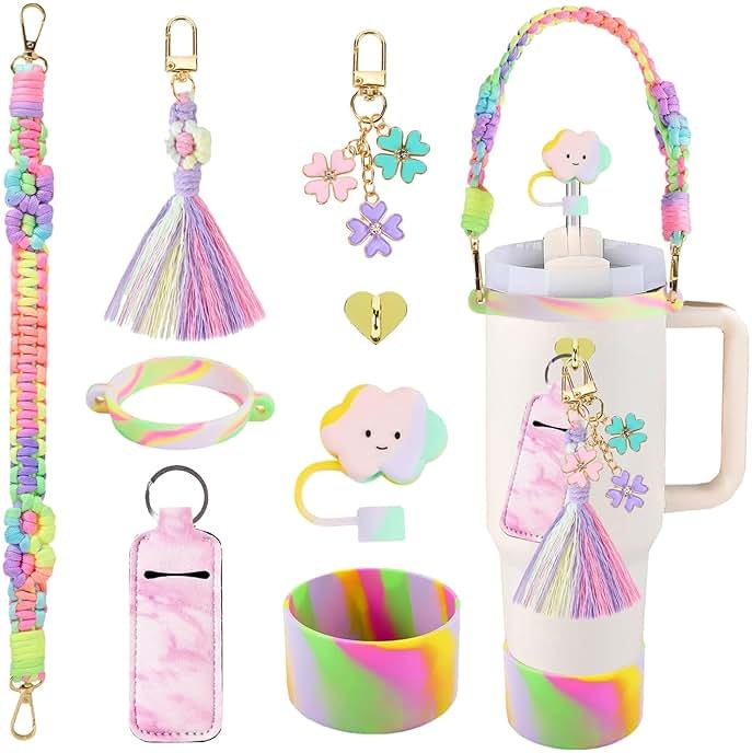 KIKIIKE Stanley Cup Accessories 8pcs Set Including Water Bottle Handle Strap,Silicone Cup Boot, Straw Cover,Stanley Charms for 30oz/40oz Tumbler - Product Image
