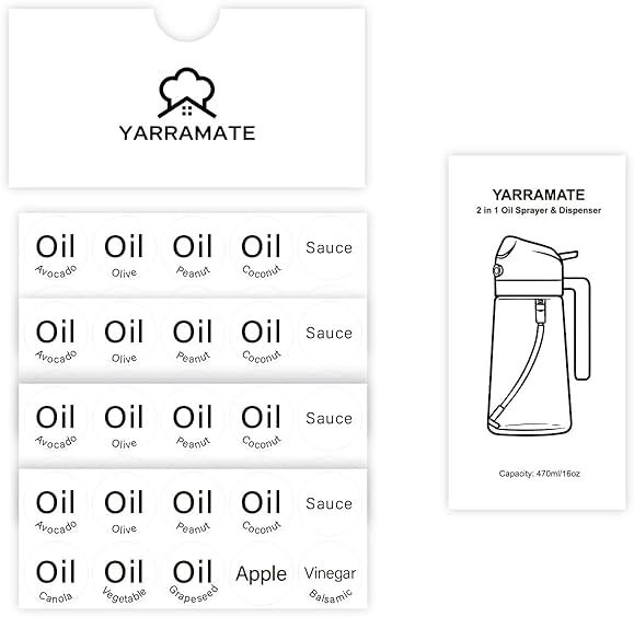 YARRAMATE 20 Labels for Oil Dispenser & Installation Guide, Stickers for Olive Oil, Sauce, and More - Product Image
