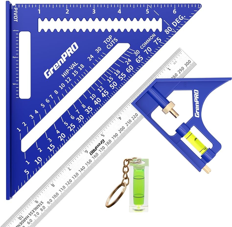 GRENPRO Combination Square Woodworking Ruler Tools, 7inch Carpenter Square Wood Working Tools and Accessories, 12inch Square Ruler, Includes 2-in-1 Carpentry Pencil, Protractor Angle Machinist Tool - Product Image