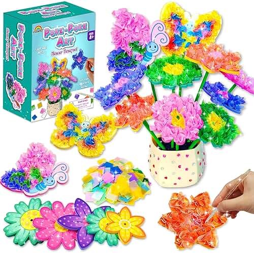 AGENTLAN Poke Art Bouquet Craft Kit,Mess-Free 3D Crafts for Kids Ages 3-8 | Glue free with flower pot,poke in foam flowers, butterflies,DIY arts and crafts gift for toddlers - Product Image