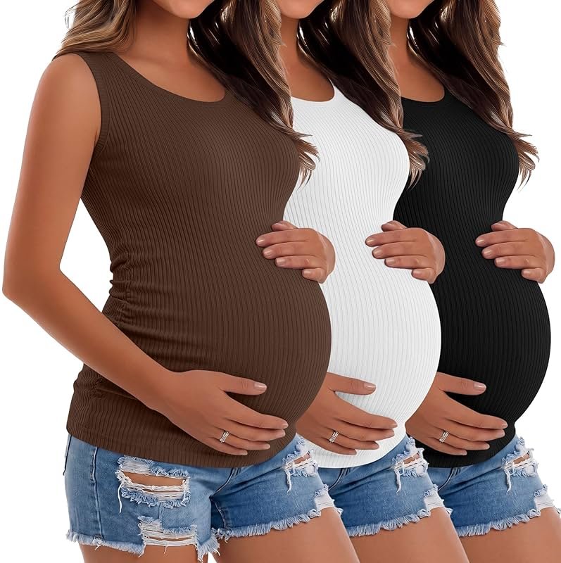 Riyiper 3 Pack Women's Maternity Tank Tops, Sleeveless Cotton Pregnancy Shirts Ribbed Knit Sides Ruched Basic Mama Clothes - Product Image